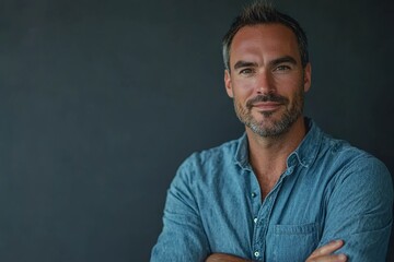 Fototapeta premium Calm man with arms crossed, looking directly at the camera with a slight smirk, against a dark gray background.