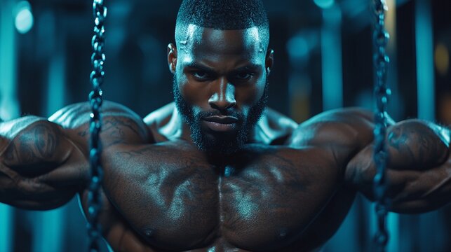 Black man with short hair and a beard sitting on a gym machine working out his biceps.