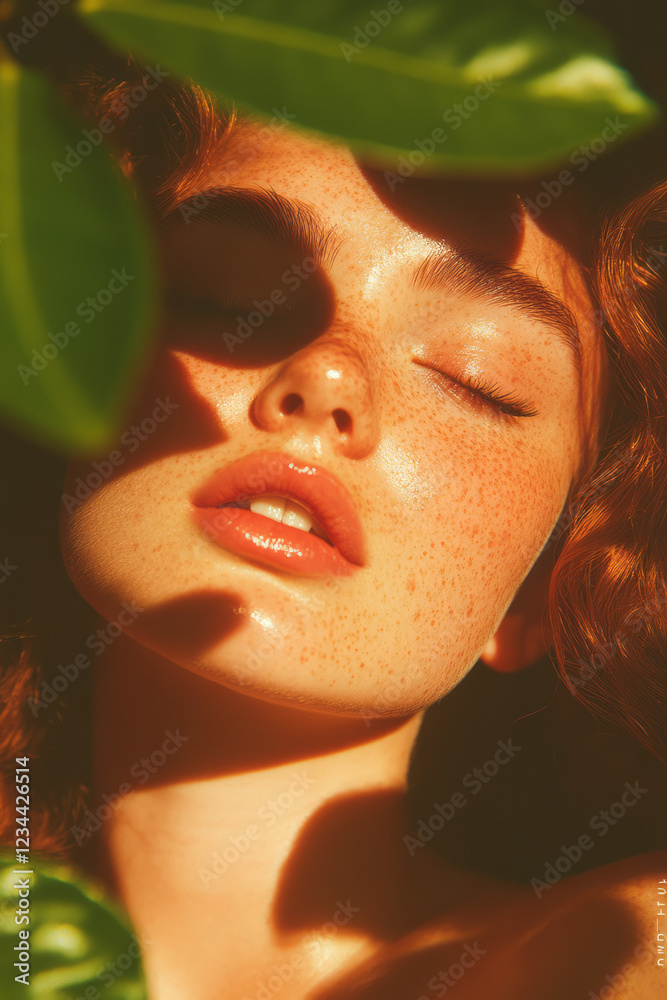 Poster a vibrant portrait shot capturing her relaxed posture, freckles softly visible as she basks in the d
