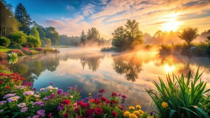 Obraz premium A serene lake at dawn with mist rising from the water's surface
