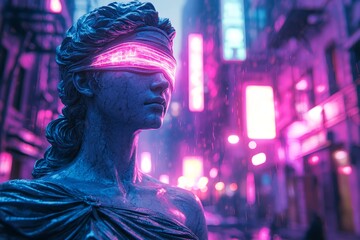 Futuristic statue with neon lights in urban setting.