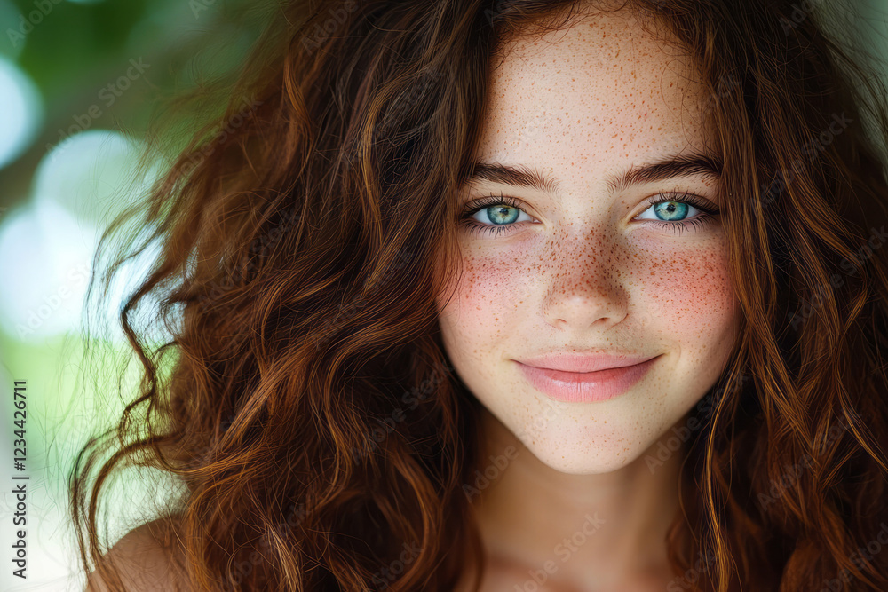 Poster a soothing horizontal image capturing her gentle smile and freckled complexion, sunlight dancing on 