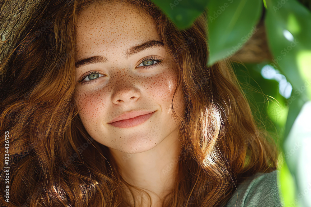 Aufkleber a soothing horizontal image capturing her gentle smile and freckled complexion, sunlight dancing on 