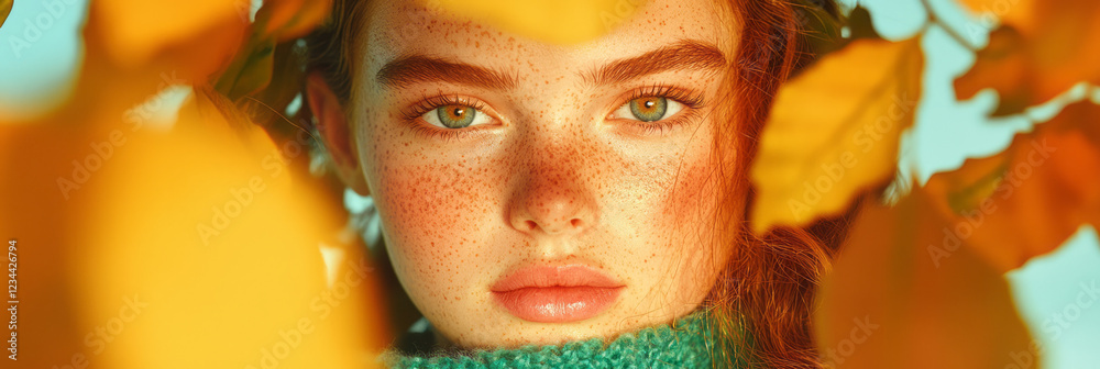 Poster a minimal shot featuring her calm expression and scattered freckles in golden hour lighting, with lu