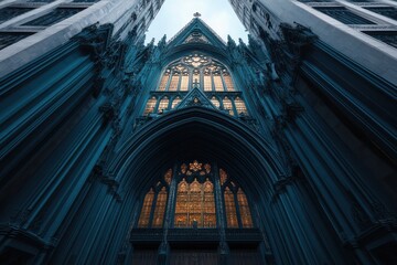 Fototapeta premium Majestic Gothic Cathedral Soaring Against a Clear Blue Sky, Showcasing Intricate Architecture and Timeless Beauty