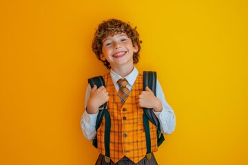 Cheerful young boy in a school uniform holding a backpack strap and smiling, standing on a vibrant yellow background.
