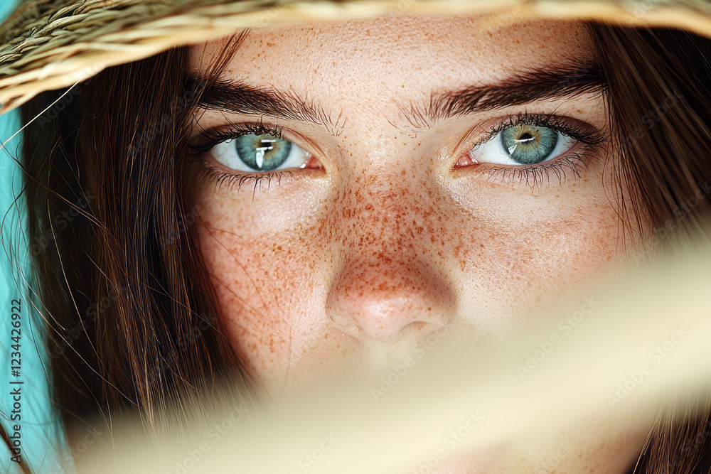 Poster a low-key approach capturing the womanâ€™s freckled cheeks partially shaded by a straw hat, radiant 