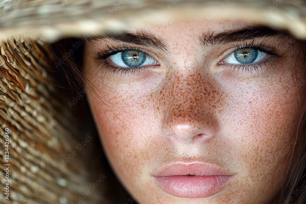 Poster a low-key approach capturing the womanâ€™s freckled cheeks partially shaded by a straw hat, radiant 