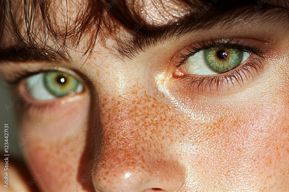 Poster a refined close-up capturing the subtle texture of her skin and freckles while glowing sunlight gent
