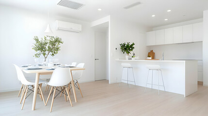 Fototapeta premium Modern white kitchen and dining area, sunlight, minimalist design, real estate listing