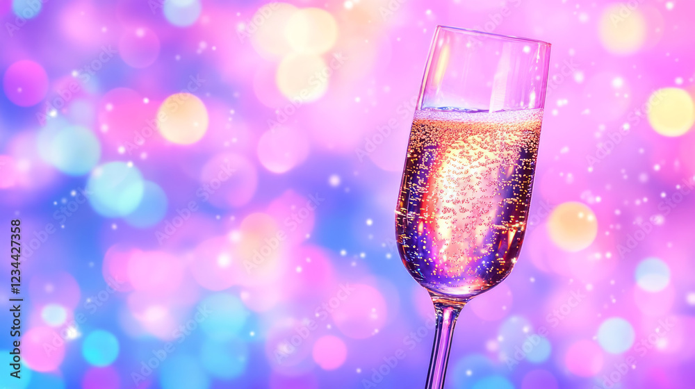 Poster a vibrant side-angle shot of sparkling liquid cascading into a flute, with dreamy bokeh lights illum