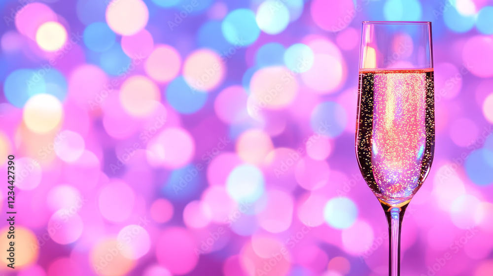 Poster a vibrant side-angle shot of sparkling liquid cascading into a flute, with dreamy bokeh lights illum