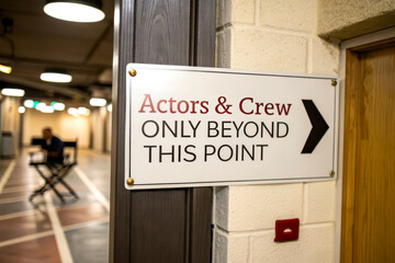 A sign indicating restricted access for non-actors and crew members, featuring a directional arrow and a professional setting backdrop.