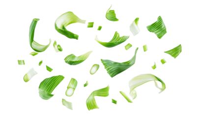Fresh Green Onions Chopped in Mid-Air, Falling Scallions, Dynamic Food Photography, Sliced Spring Onion Pieces, Organic Cooking Ingredient, Healthy Vegetable, Isolated on Transparent Background