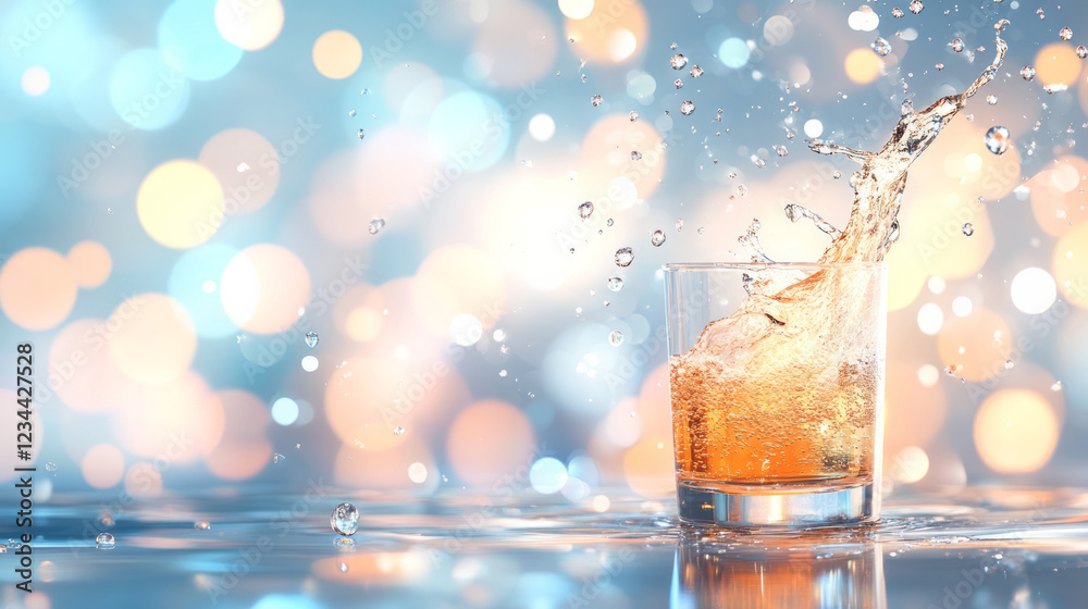 Poster A dynamic freeze-frame showing bubbles splashing as a fizzy drink flows into a glass, glimmering bokeh lending a party atmosphere in the background,