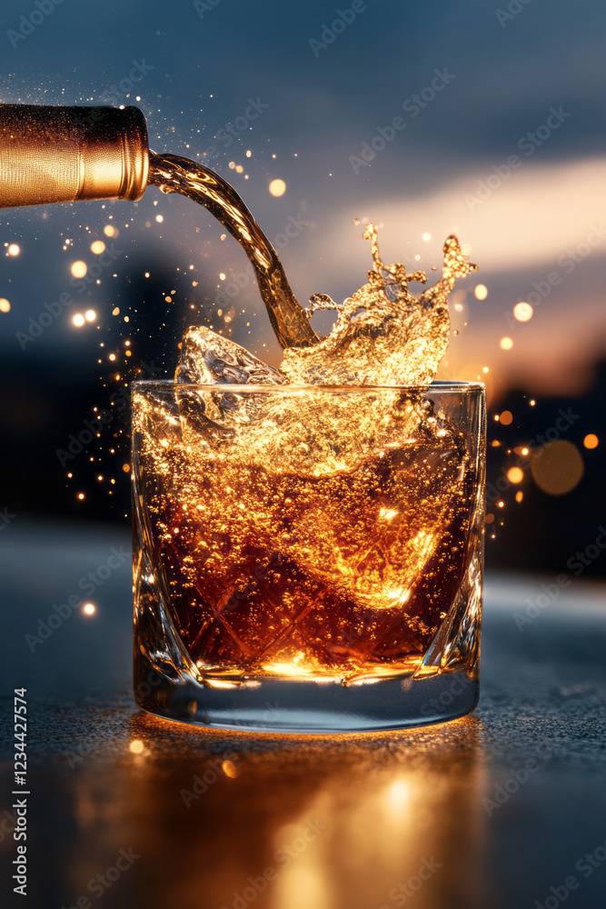 Poster a creative composition where the drink pours from the top left, capturing the swirling golden liquid