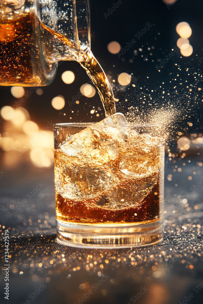 Aufkleber a creative composition where the drink pours from the top left, capturing the swirling golden liquid