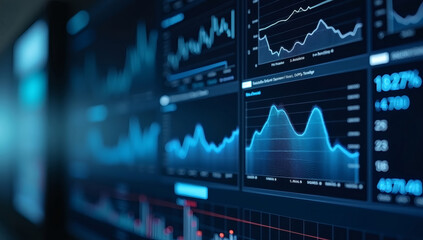 Business intelligence analyst dashboard on virtual screen. Big data Graphs Charts, Technology background, Business background, Finance background
