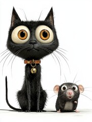 Fototapeta premium In an Unlikely Friendship: A Fun 3D Cartoon of a Black Cat and a Rat Together