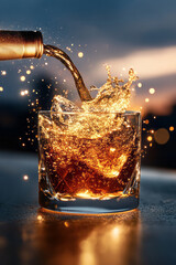 A creative composition where the drink pours from the top left, capturing the swirling golden liquid and subtle bokeh sparkles behind,