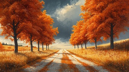 Fototapeta premium a serene autumn landscape featuring a winding dirt road lined with vibrant orange trees and lush golden grass under a cloudy sky.