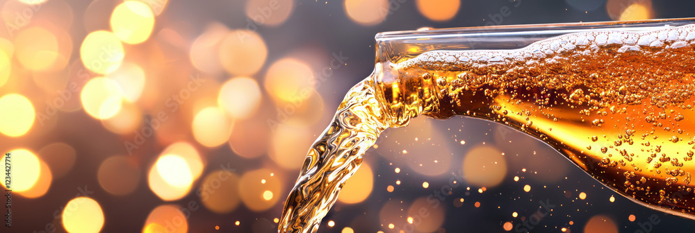 Aufkleber a macro shot emphasizing the swirling carbonation as the golden soda is poured, while subtle bokeh l