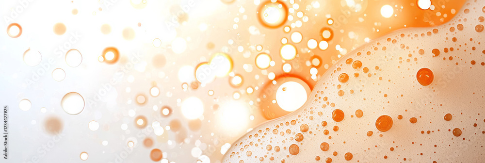 Poster A minimalist top-down shot with the fizz forming bubbles on the surface, complemented by a softly glowing bokeh tapestry in the background,