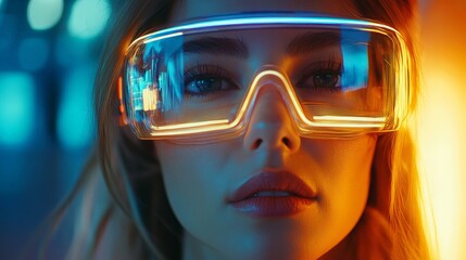 A futuristic depiction of a woman immersed in virtual reality, highlighting technology and innovation.