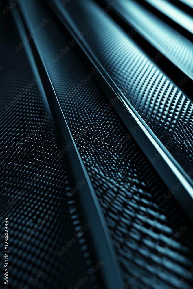 Poster Close-up of metallic parallel lines with a sleek, textured surface. The design symbolizes precision, modern technology, and industrial style with a clean, futuristic aesthetic.