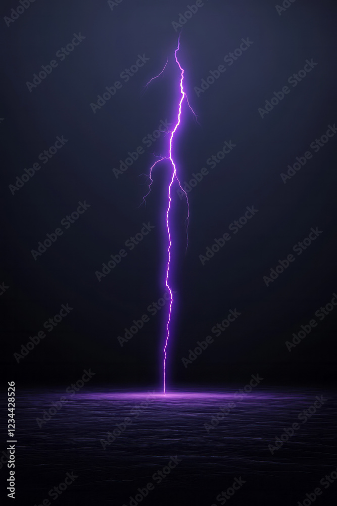 Poster a bold vertical scene showing a massive purple lightning strike descending from top to bottom, the b