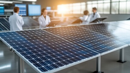 A high-tech, government-sponsored research facility dedicated to improving solar panel efficiency and grid integration. Scientists and engineers in white lab coats examine advanced photovoltaic cells