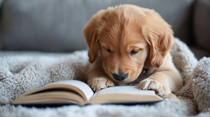 A golden retriever puppy is reading a book.