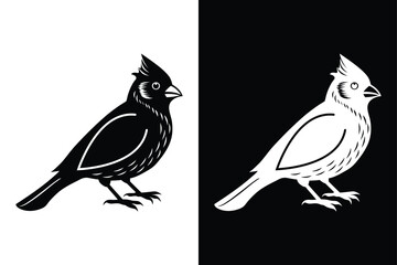 Cardinal Bird Silhouette Vector Icon Black and White Background.