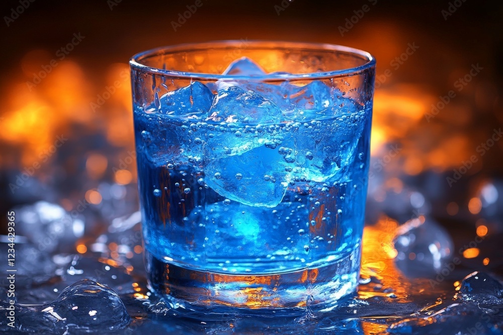 Poster refreshing blue drink with ice on a sparkling surface during evening glow