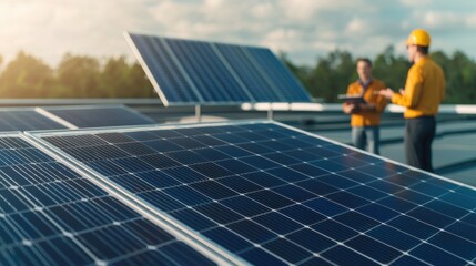 A modern government facility hosting a public solar energy incentive program, with officials discussing renewable energy benefits in front of a large display showing tax credits and rebates for solar