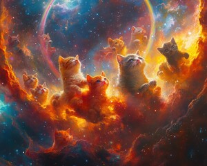 Fototapeta premium Kittens cosmic journey, nebula background, space adventure, children's book illustration