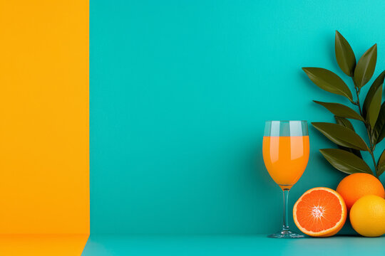 A bold advertisement-style layout with a single glass in crisp focus, oranges and celebratory props forming a colorful environment,
