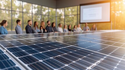 A diverse group of small business owners at a government-sponsored solar incentive workshop, learning how switching to solar can reduce operational costs. A large projector screen displays key