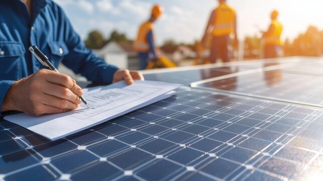 A homeowner signing government incentive documents for solar panel installation, with a representative explaining financial benefits such as rebates, tax credits, and net metering. In the background,