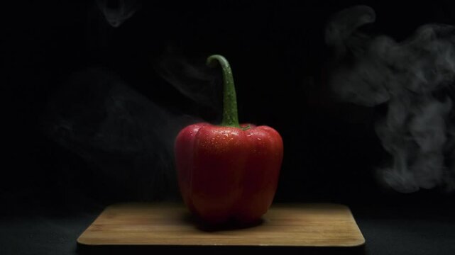 Red pepper on a black background, There is smoke in the frame.