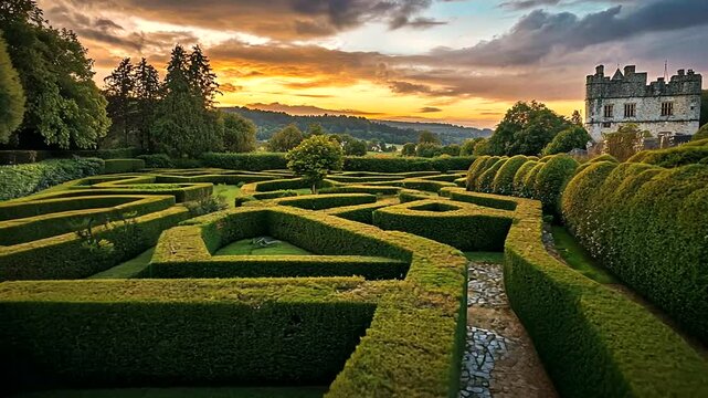 Sunset over a hedge maze garden and castle.  Travel, landscape photography