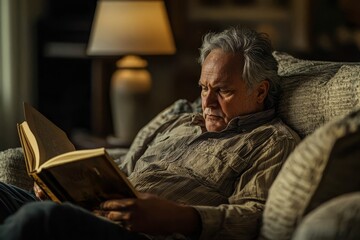 Obraz premium Relaxed older man with gray hair reading a book, seated in a cozy living room with soft lighting.