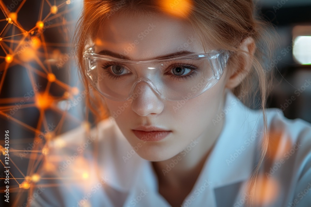 Poster young scientist focused on innovative research in laboratory setting during evening hours