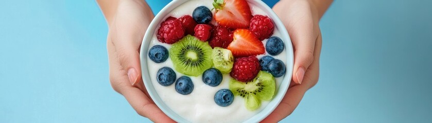 Obraz premium Deliciously vibrant smoothie bowl topped with fresh fruits, nuts, and seeds for a healthy breakfast.