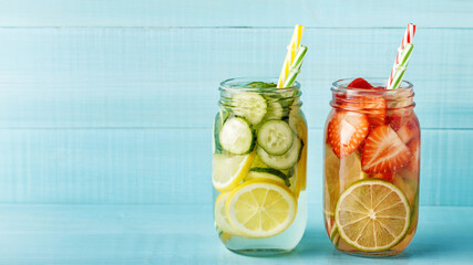 Detox fruit infused water. Refreshing summer homemade cocktail