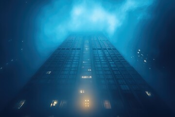 Foggy Night Skyscraper with City Lights