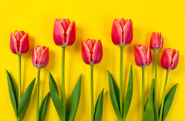 Fototapeta premium Tulips pattern. Tulips on the yellow background. Selective focus