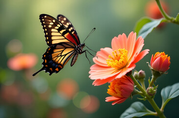 Fototapeta premium Natural composition with flowers and butterflies, template, postcard. Selective focus, blurred background.