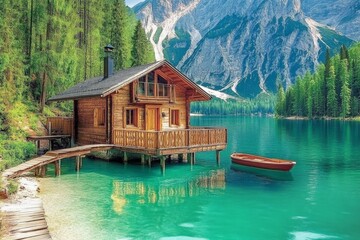 Fototapeta premium Serene wooden cabin surrounded by lush trees and turquoise lake at a mountain location during the daytime