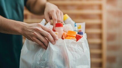 A close-up of hands reaching for a donation bag filled with emergency supplies, capturing the urgency of humanitarian aid. The bag is packed with essentials like medical kits, non-perishable food,